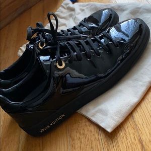 Louis Vuitton patent with gold sneakers